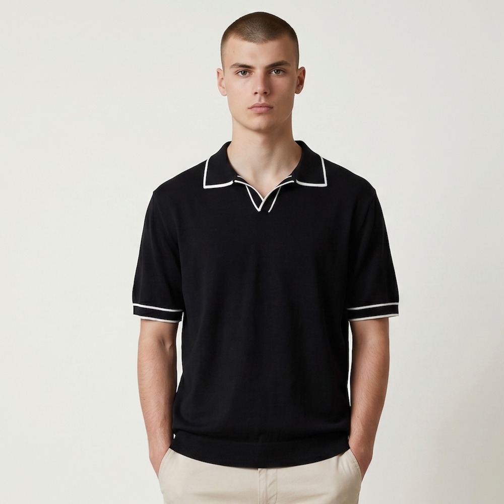 OXKNIT Polo Shirt Mens 3XL Black Vintage 60s Mod Knit Johnny Collar Tipped Retro